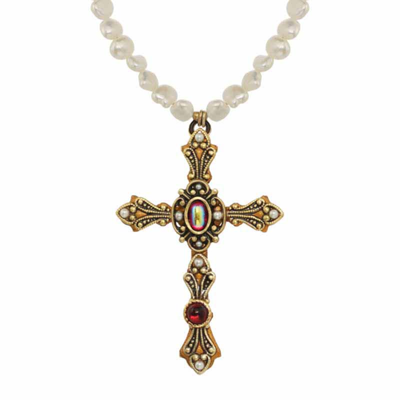 Victorian Pearl & Garnet Cross Necklace 