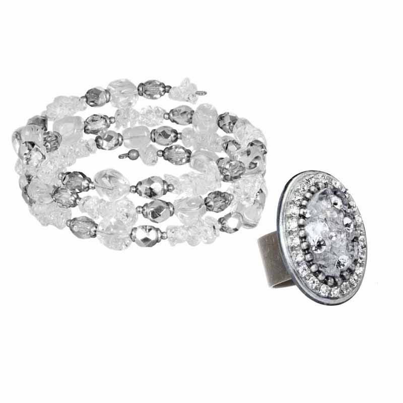 Quartz crystal ring & memory wire bracelet set