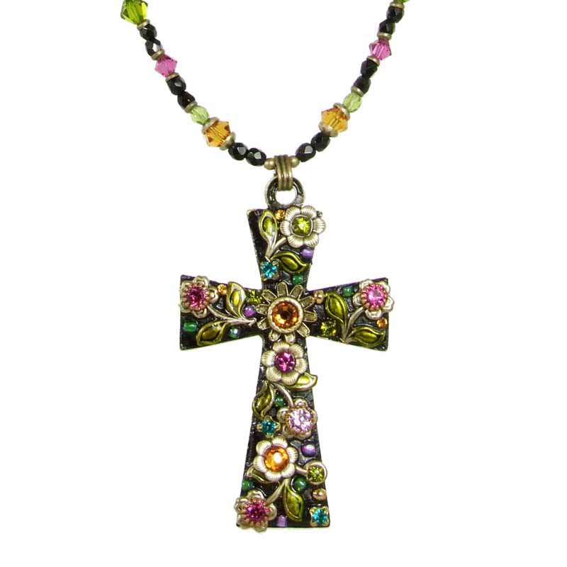 Black Flower Garden Cross Necklace