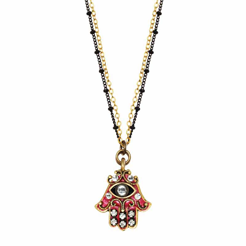 Pink and Crystal Small Hamsa Necklace