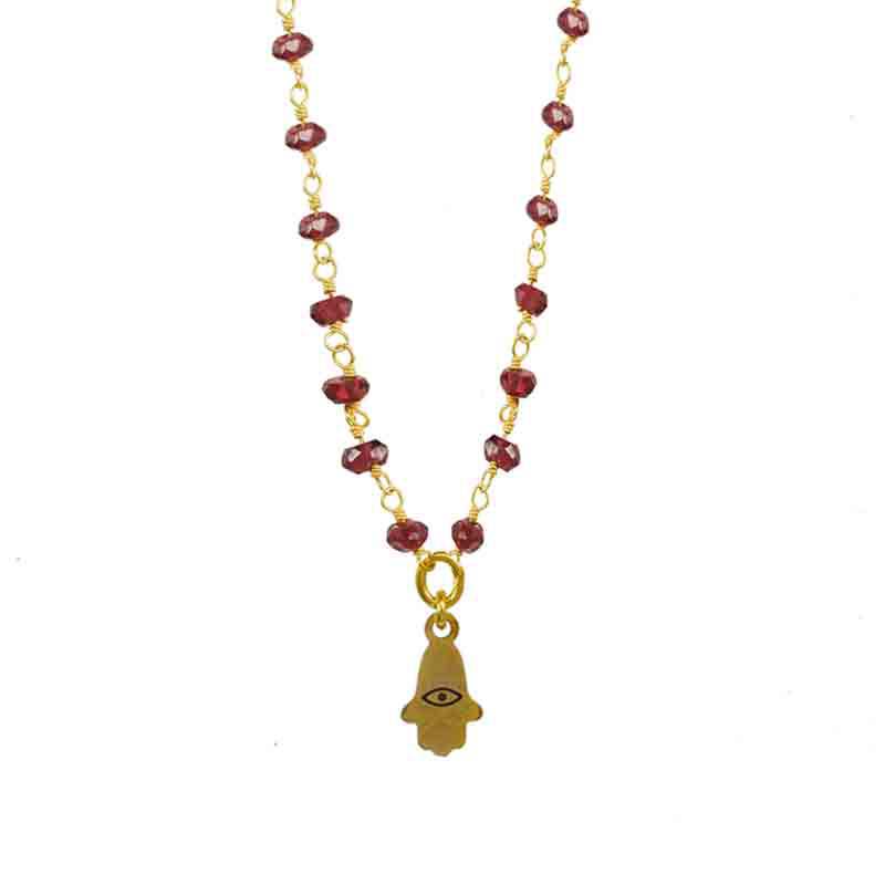 Tiny Gold Hamsa Necklace on Garnet Beaded Chain
