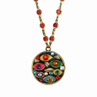 Medium round multi eye pendant on partially beaded strand necklace, handmade at Michal Golan studios USA