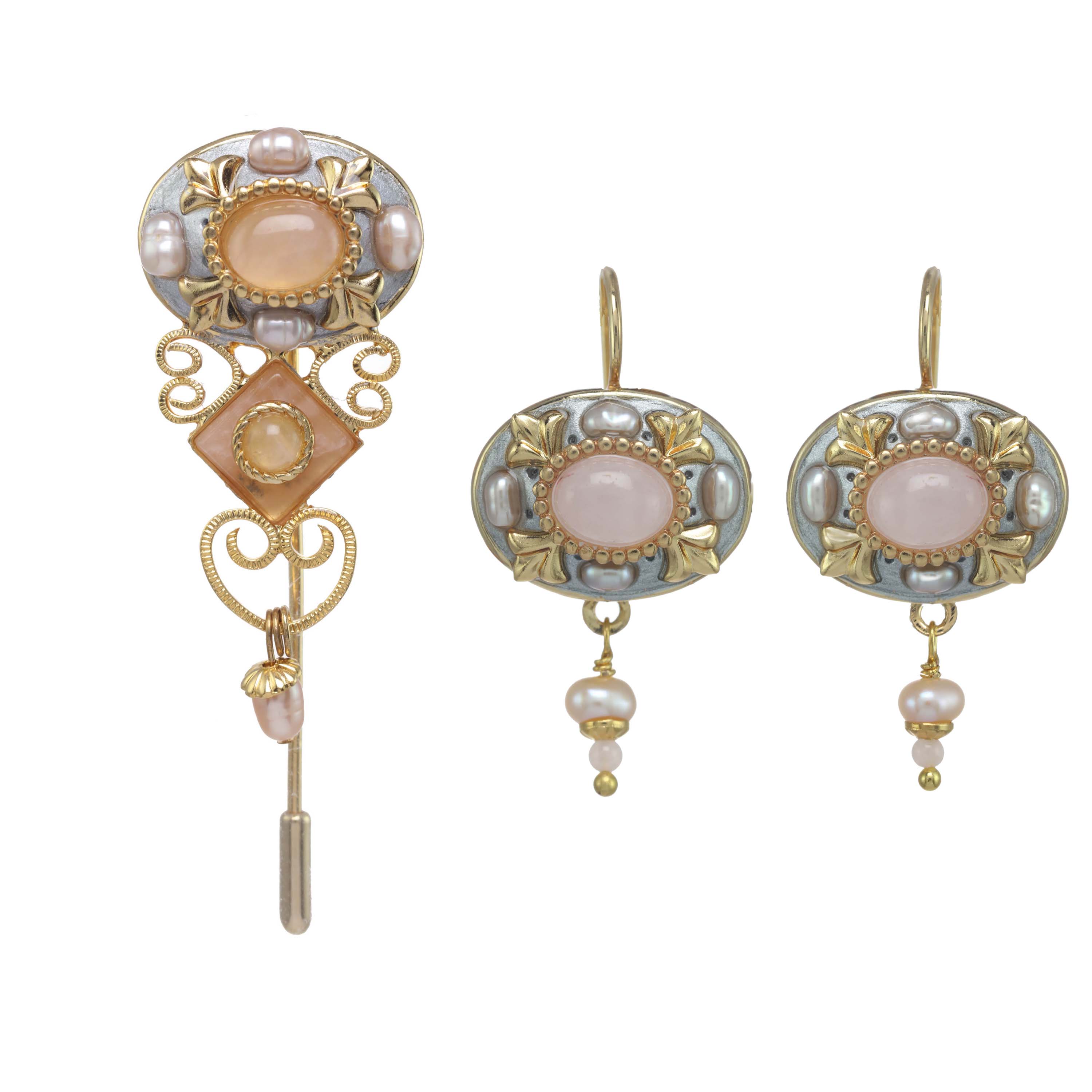 Rose Quartz Pin and Earrings Set