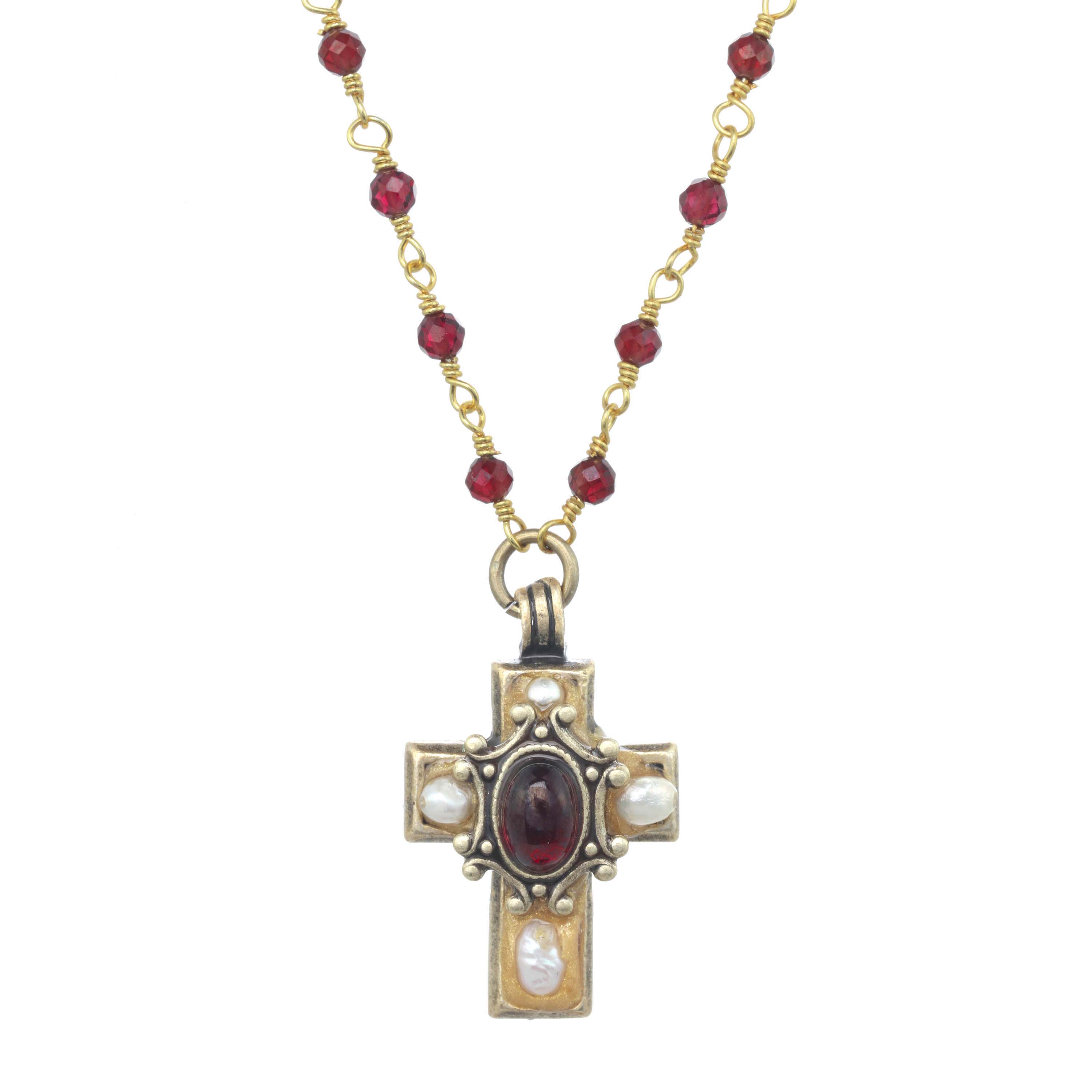 Tiny Garnet and Pearl Cross Necklace