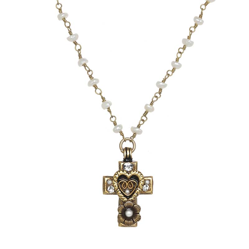 Antique Pearl and Crystal Cross Necklace