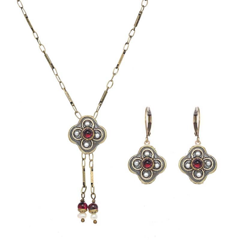 Garnet and Gold Flower Necklace and Earrings Set