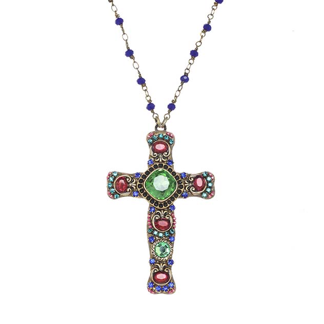 Green and Magenta Crystal Cross Necklace
