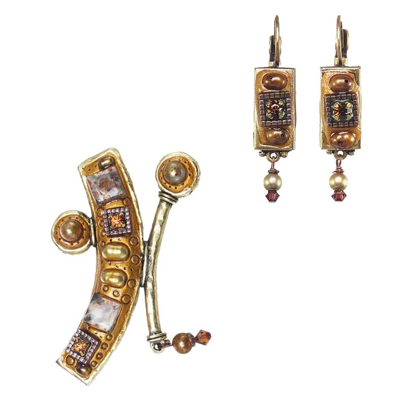 Gold Gemstone Brooch and Earrings Set