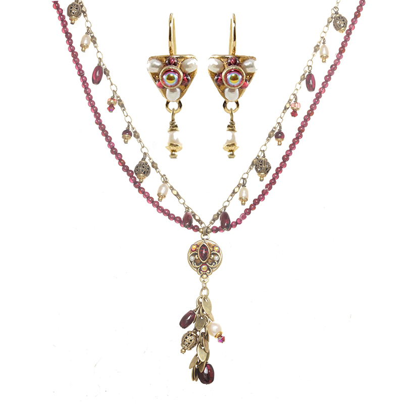 Garnet and Pearl Dangling Necklace and Earrings Set