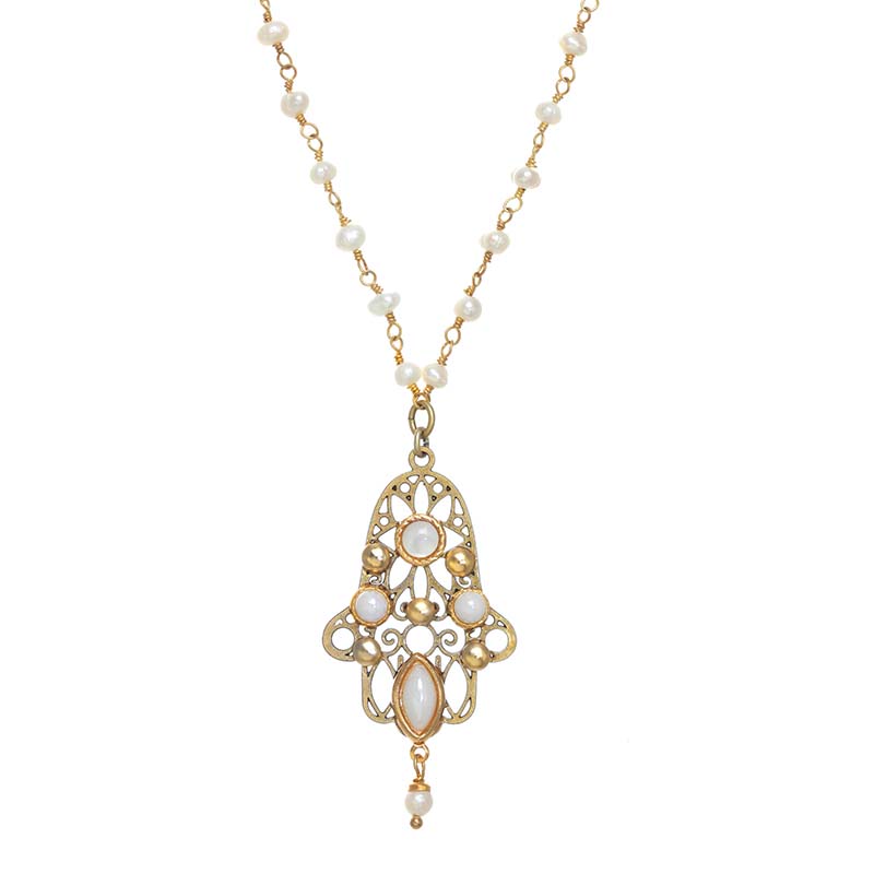 Pearl Filigree Gold Hamsa Necklace