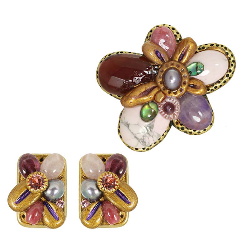 Moon Flower Brooch and Clip Earrings Set