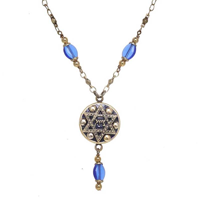 Blue Glass Star of David Circle Necklace
