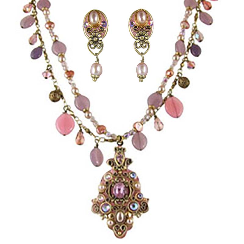 Pink Pearl Necklace and Earrings Set