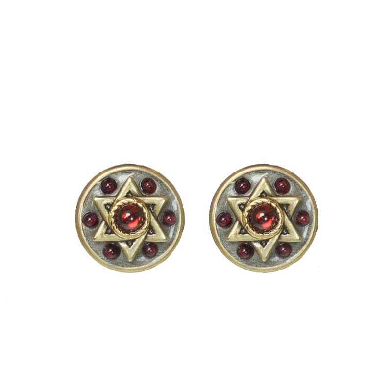 Star of David Circle Garnet Clip Earrings