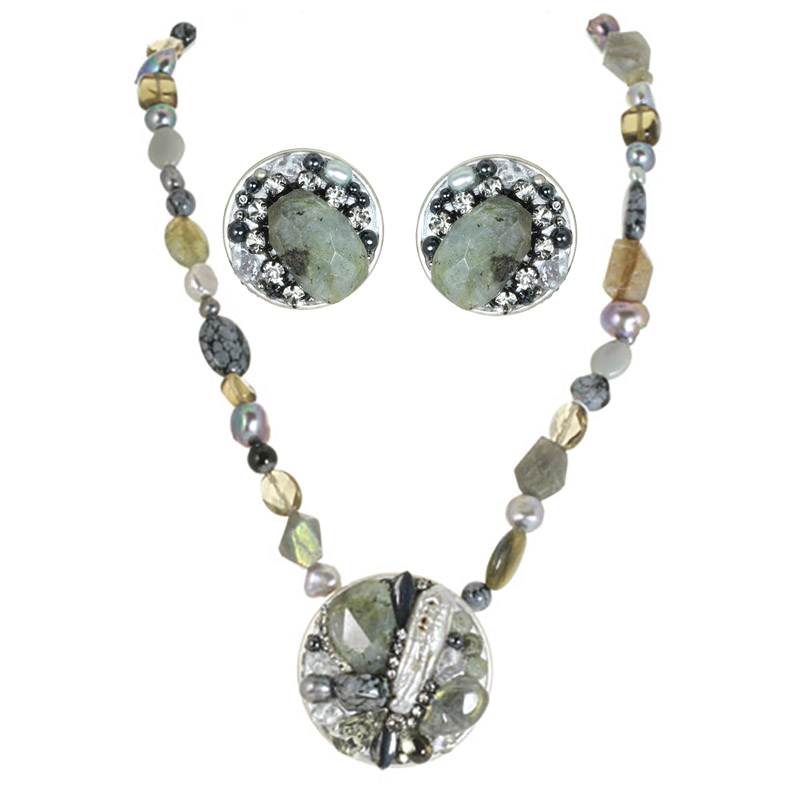 Labradorite Necklace and Clip Earrings Set