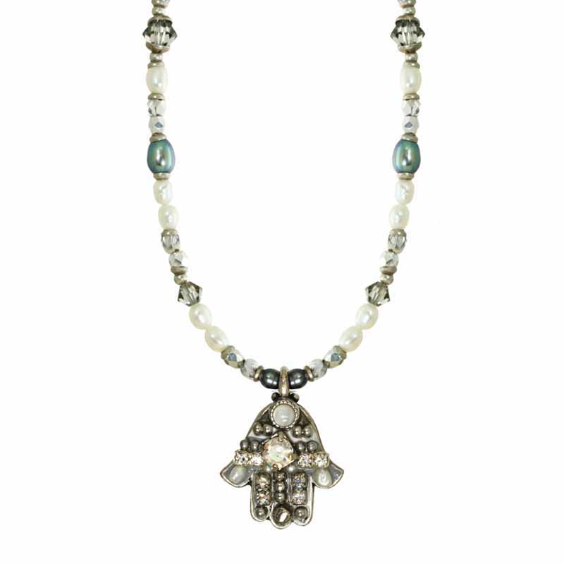 Silver Mosaic Crystal Hamsa Necklace