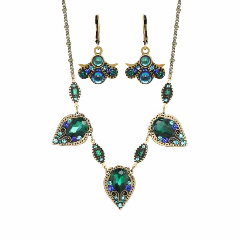 Peacock Chandelier Necklace and Earrings Set