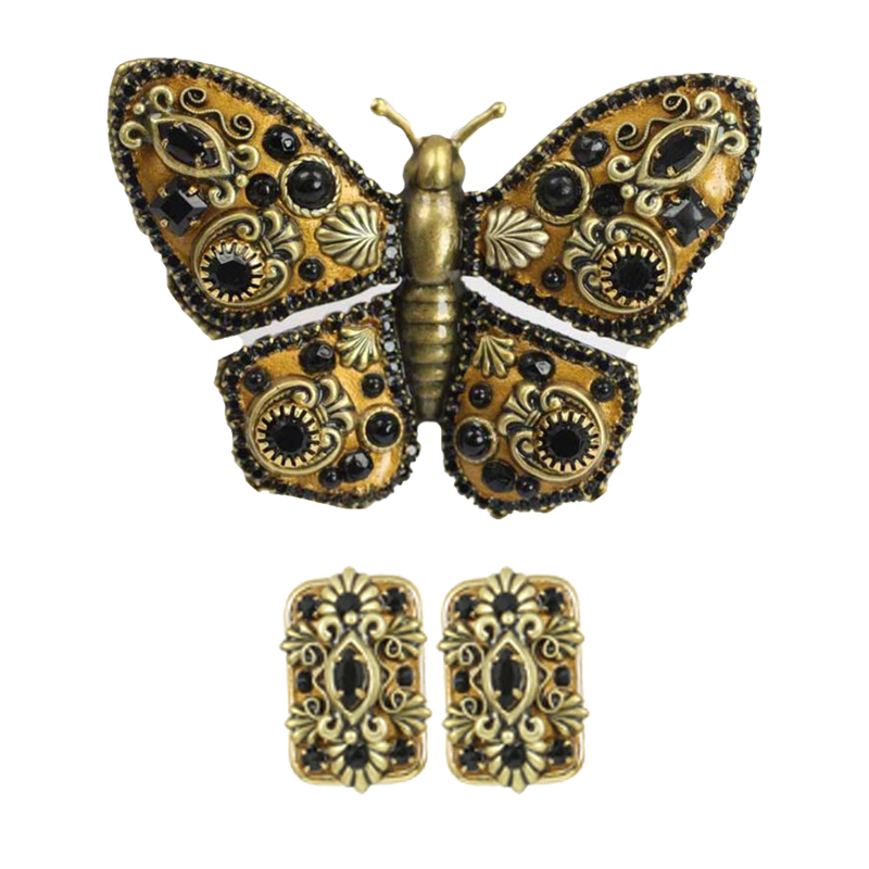 Black Onyx Butterfly Brooch and Earrings Set