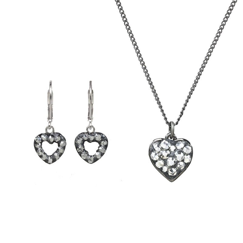 Silver Glitter Heart Necklace and Earrings Set
