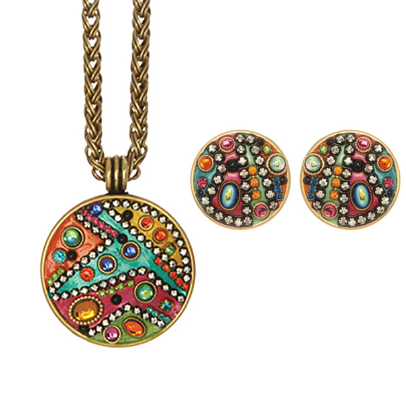 Multicolor Mosaic Circle Necklace and Clip Earrings Set