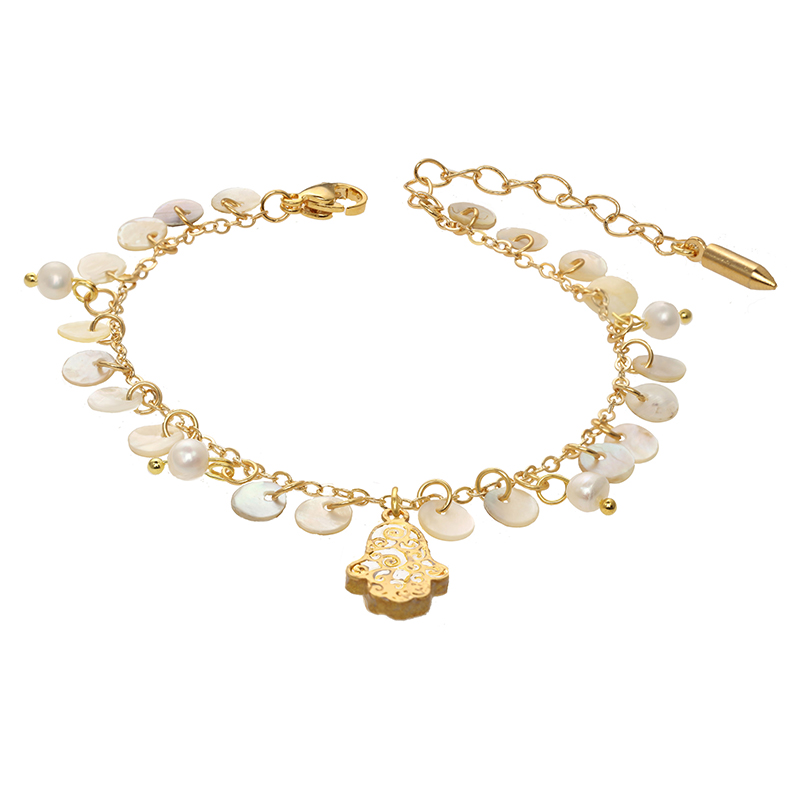 Gold Pearl Hamsa Charm Bracelet