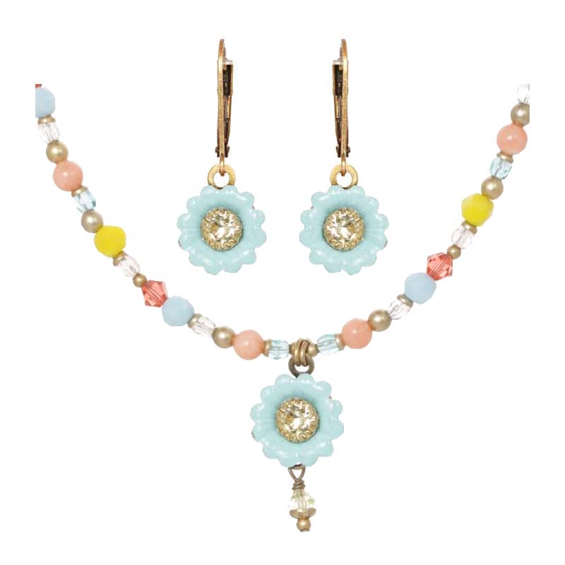 Blue Pastel Flower Necklace & Earrings Set