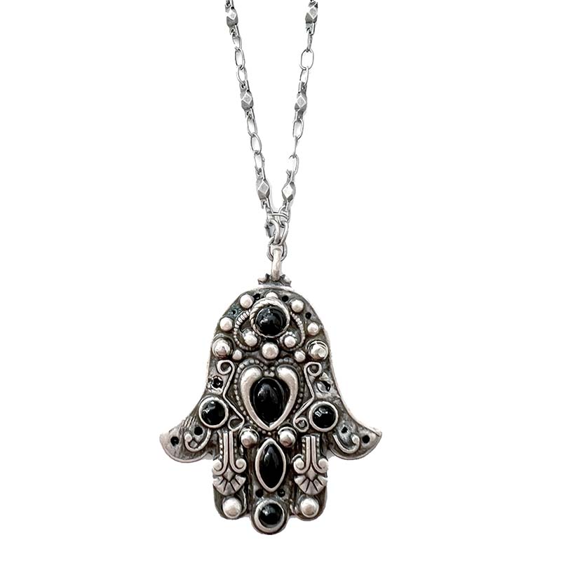 Black Onyx and Silver Hamsa Necklace
