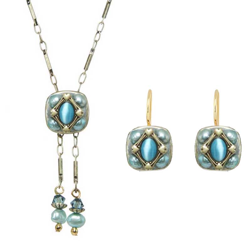 Blue Cat's Eye Square Necklace & Earrings Set