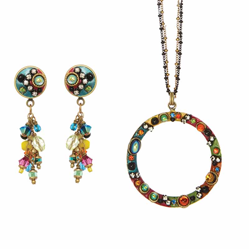 Multicolor Mosaic Open Circle Necklace & Earrings Set