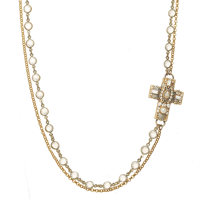 Pearl & Crystal Cross Necklace
