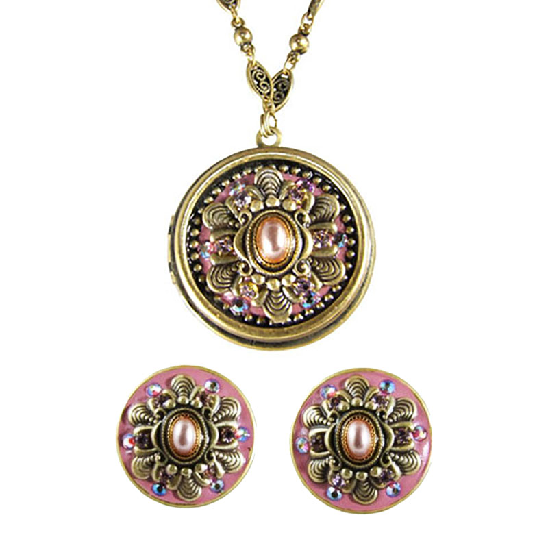 Pretty in Pink Circle Locket Necklace & Clip Earrings Set
