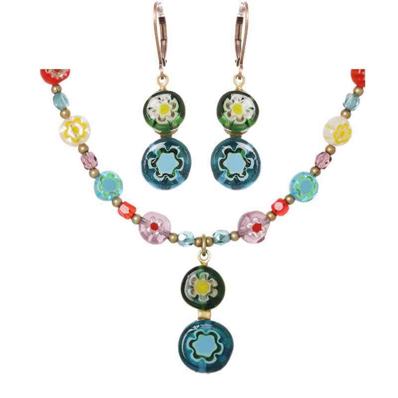 Millefiori Bead Drop Necklace & Earrings Set